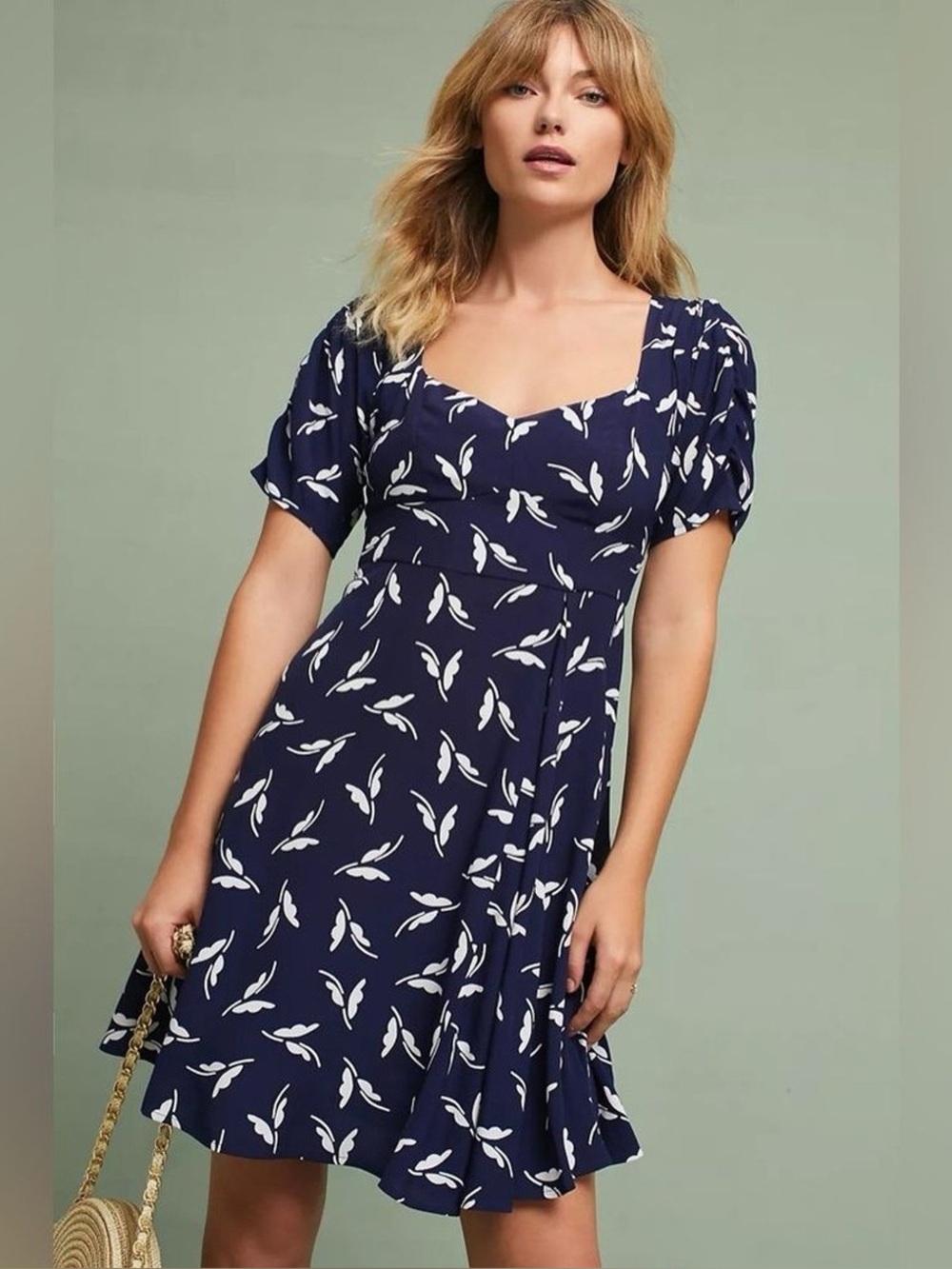 Anthropologie Maeve Navy/White Fern Print Ruched Dress Women's size 8